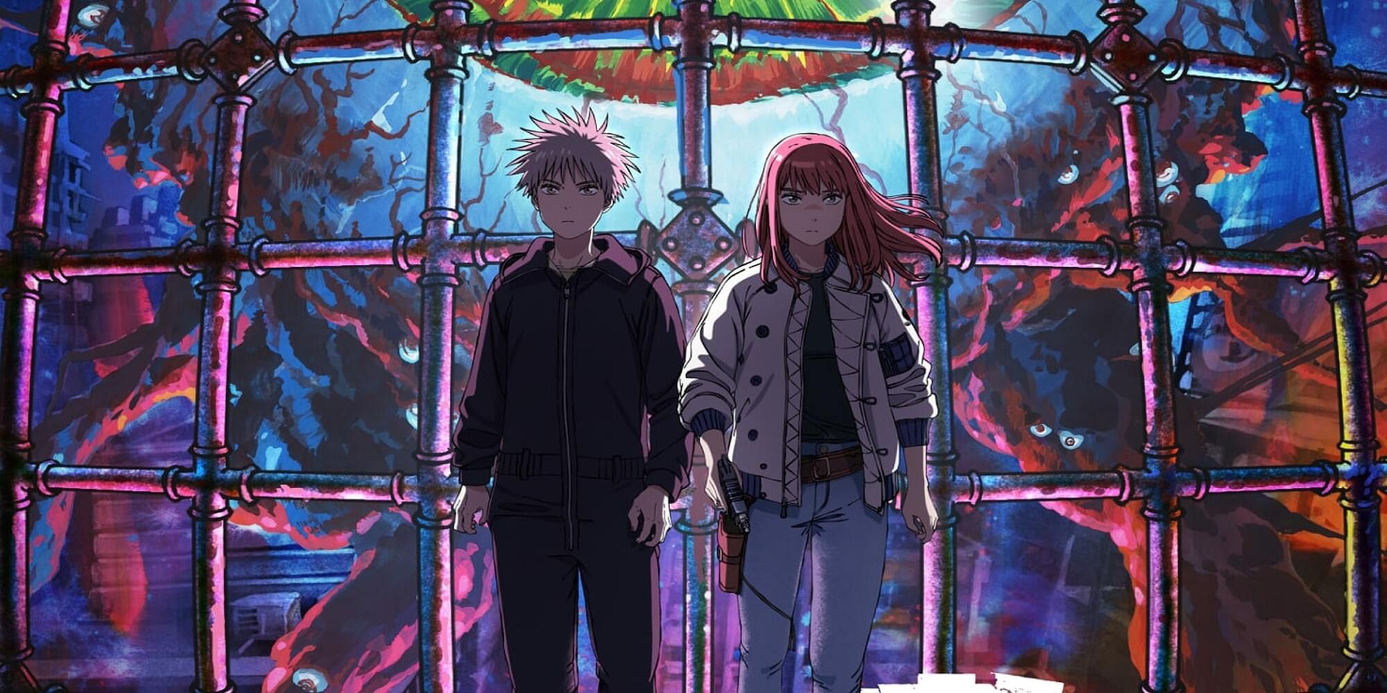 A boy and a girl stand together in front of perpendicular metals bars.