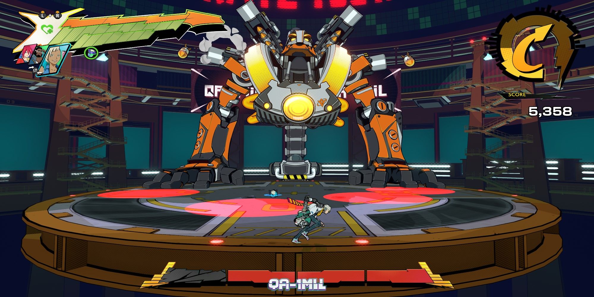 Hi-Fi Rush QA-1Mil Boss Fight the QA-1MIL aiming missiles in the arena