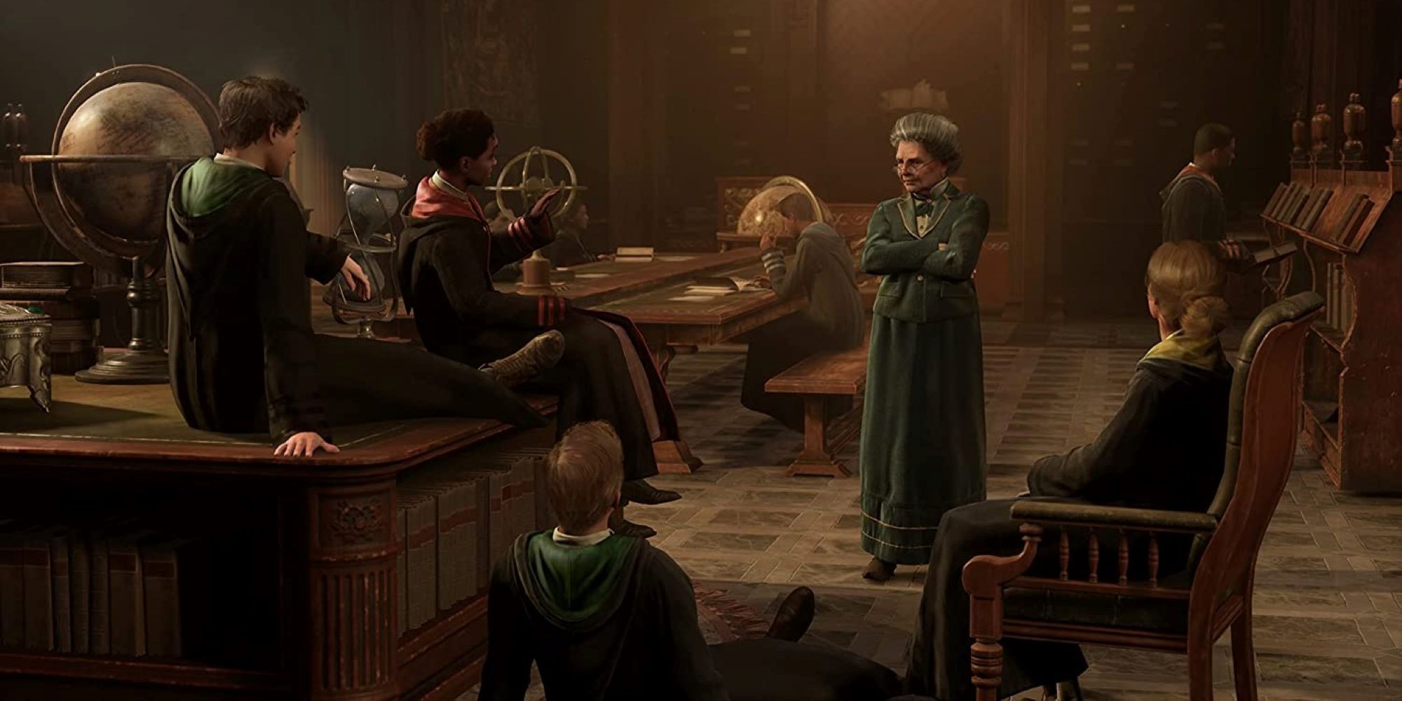 Hogwarts Legacy students sit around listening to the librarian.