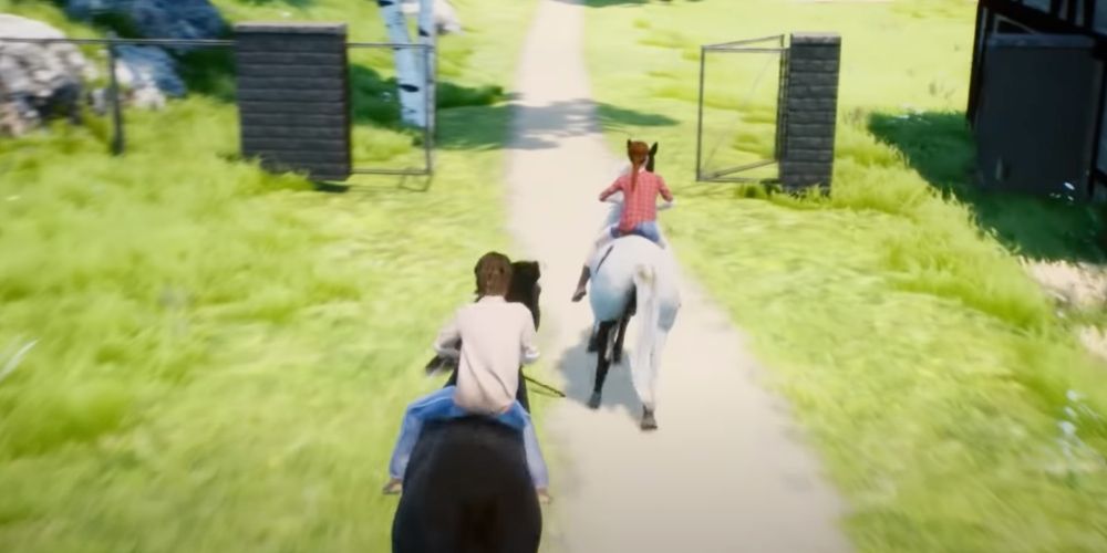 The main character and NPC ride horses