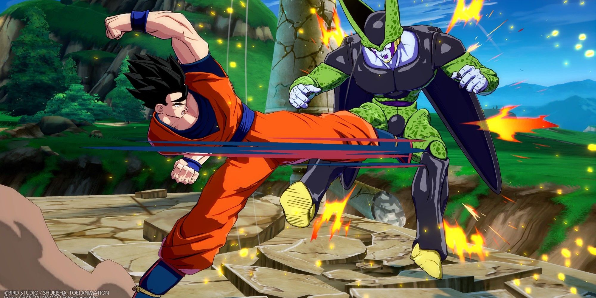 Gohan kicking Cell in Dragon Ball FighterZ