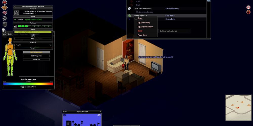 The player's health menu, device options menu, and inventory open as they stand in a dark house