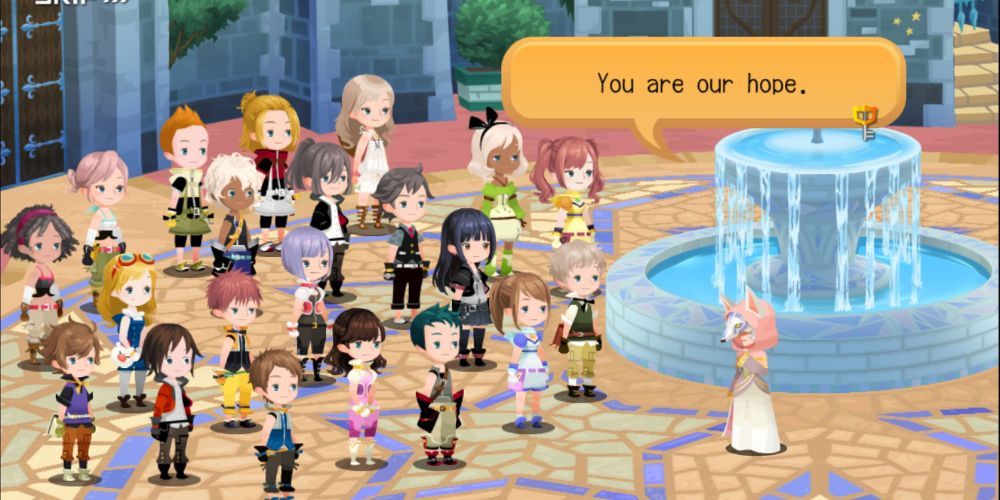 A large gathering of keyblade wielders and the player standing before Master Ava in town square.