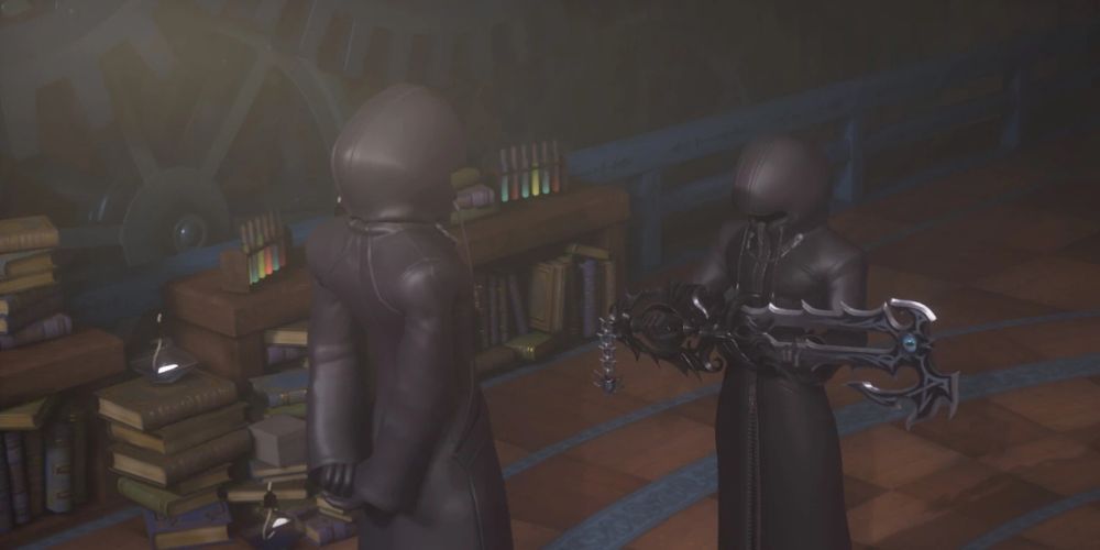 A cutscene of The Master of Masters giving Luxu his Keyblade in his laboratory.