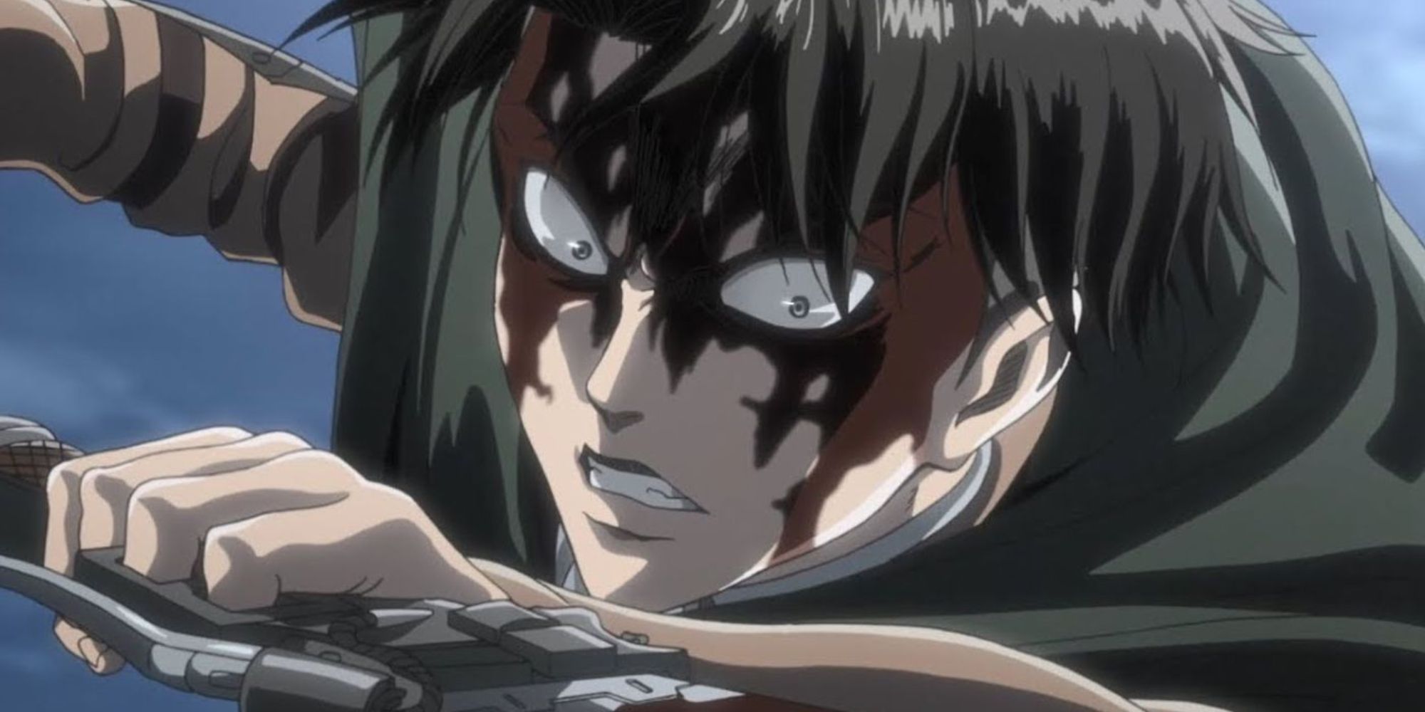 Levi Ackerman fights the monstrous titan Zeke Jaeger in Attack on Titan with blood on his face