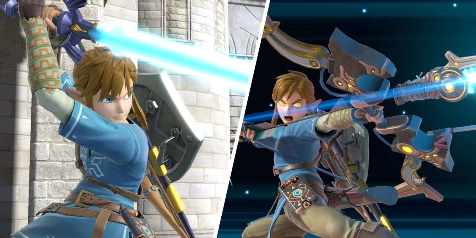 Link charging an attack and using his Final Smash in Super Smash Bros. Ultimate.