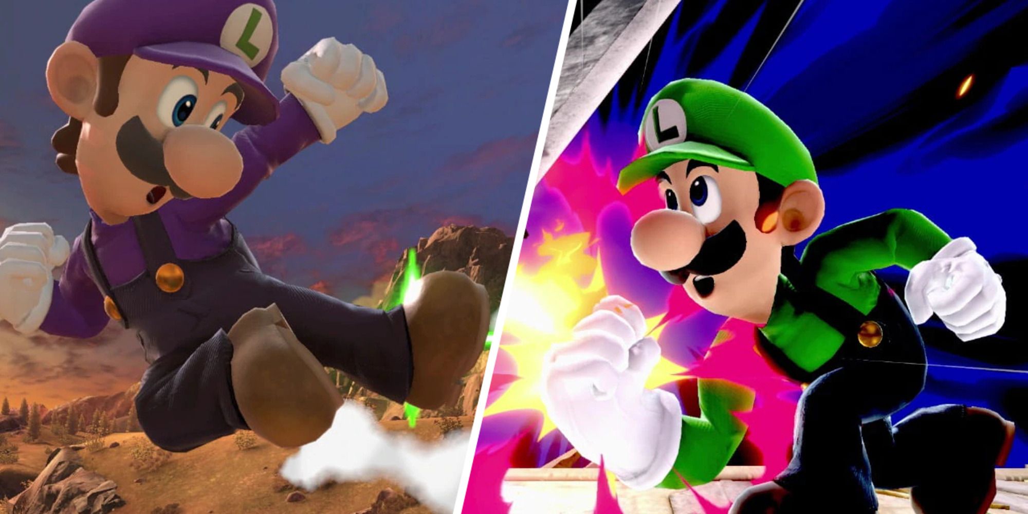 Luigi using his Nair on the left and his Up-B against an off-picture Cloud in Super Smash Bros. Ultimate.