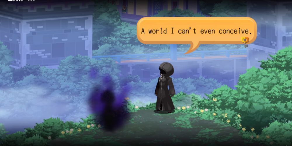 Luxu stands on a cliff talking to a dark shadow