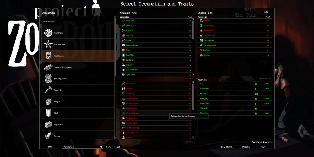 The Project Zomboid Trait selection menu, with a list of occupations, good traits, and bad traits