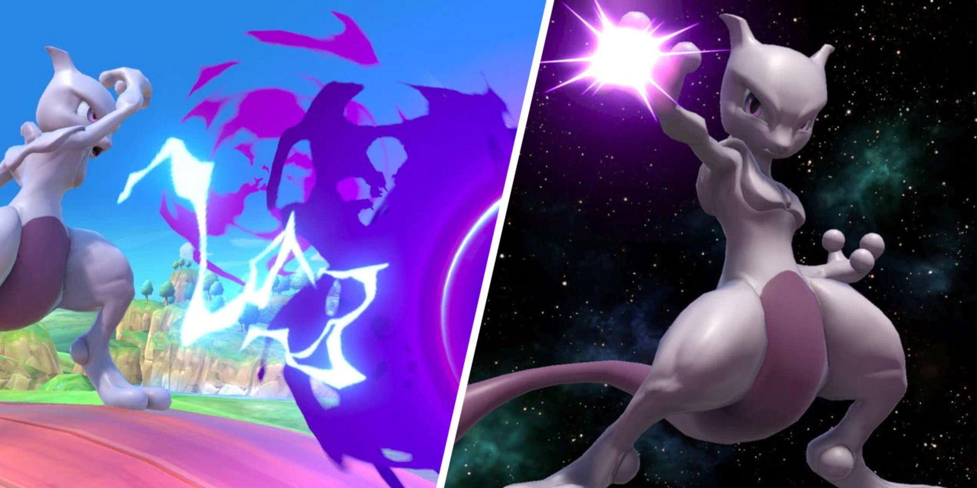 Mewtwo using his Neutral-B and Down Taunt in Super Smash Bros. Ultimate.