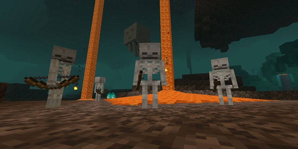 A group of skeletons armed with bows advance on a Minecraft player.