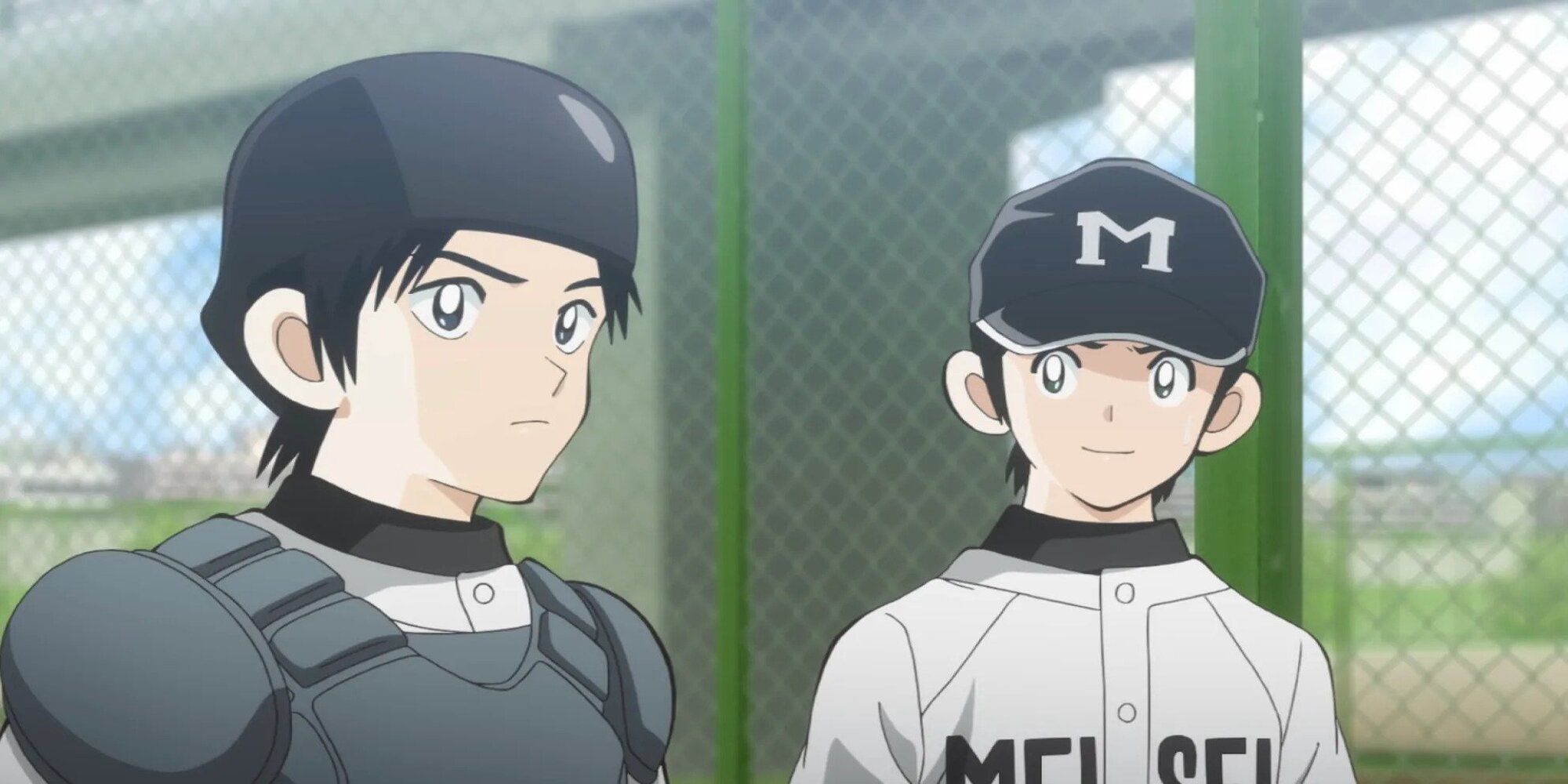 Two boys stand next to each other in baseball uniforms in the Mix anime image.