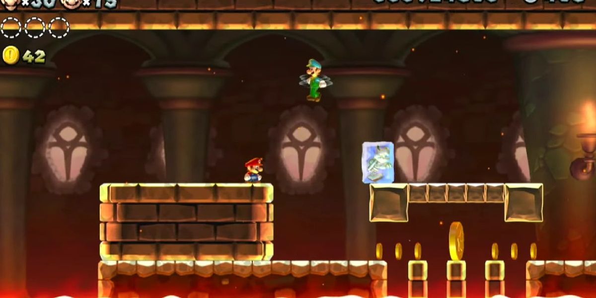 Mario and Luigi Traversing Through Morton's Compactor Castle in New Super Mario Bros. U Deluxe