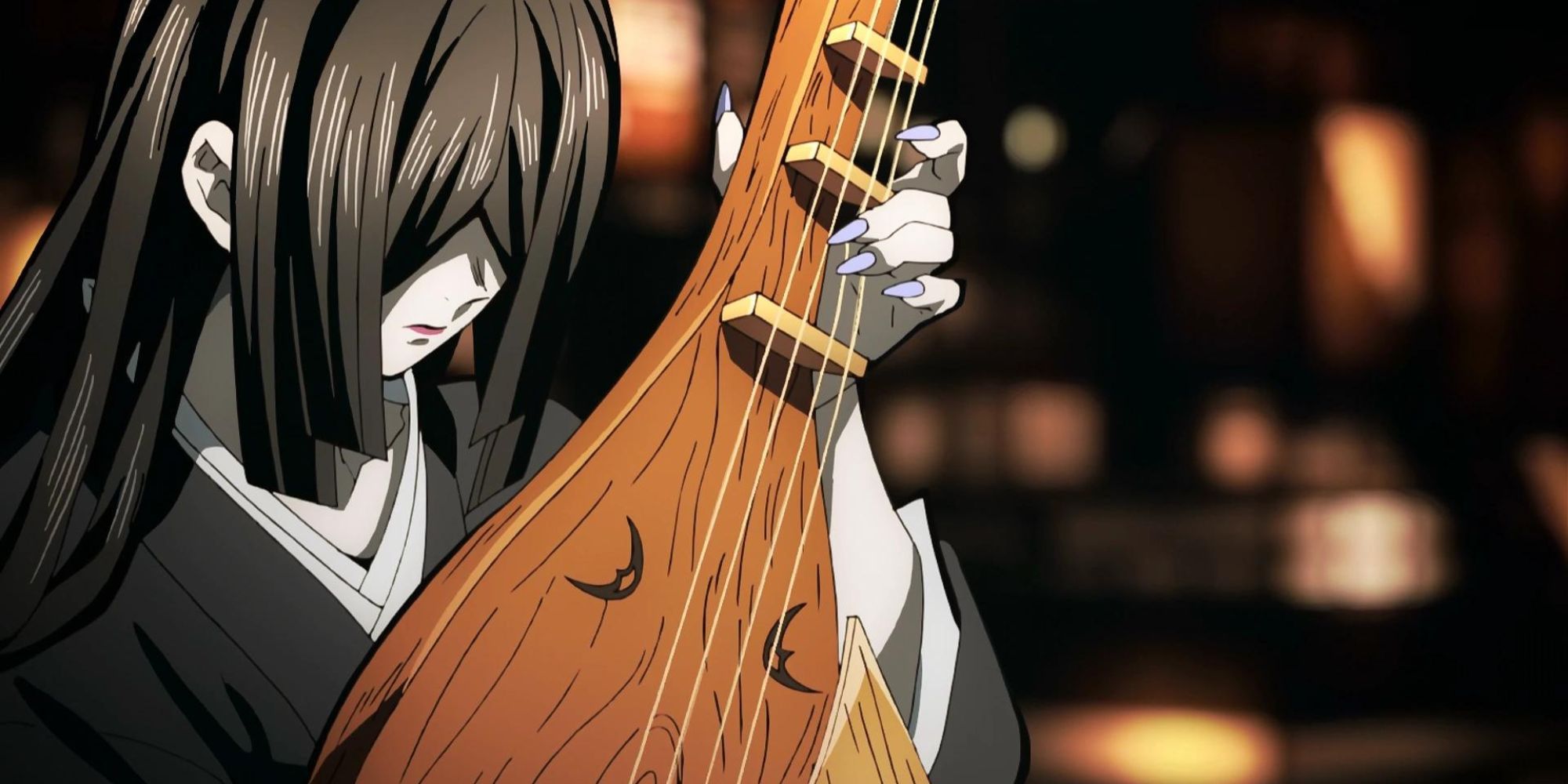 Nakime playing her four-stringed wooden biwa