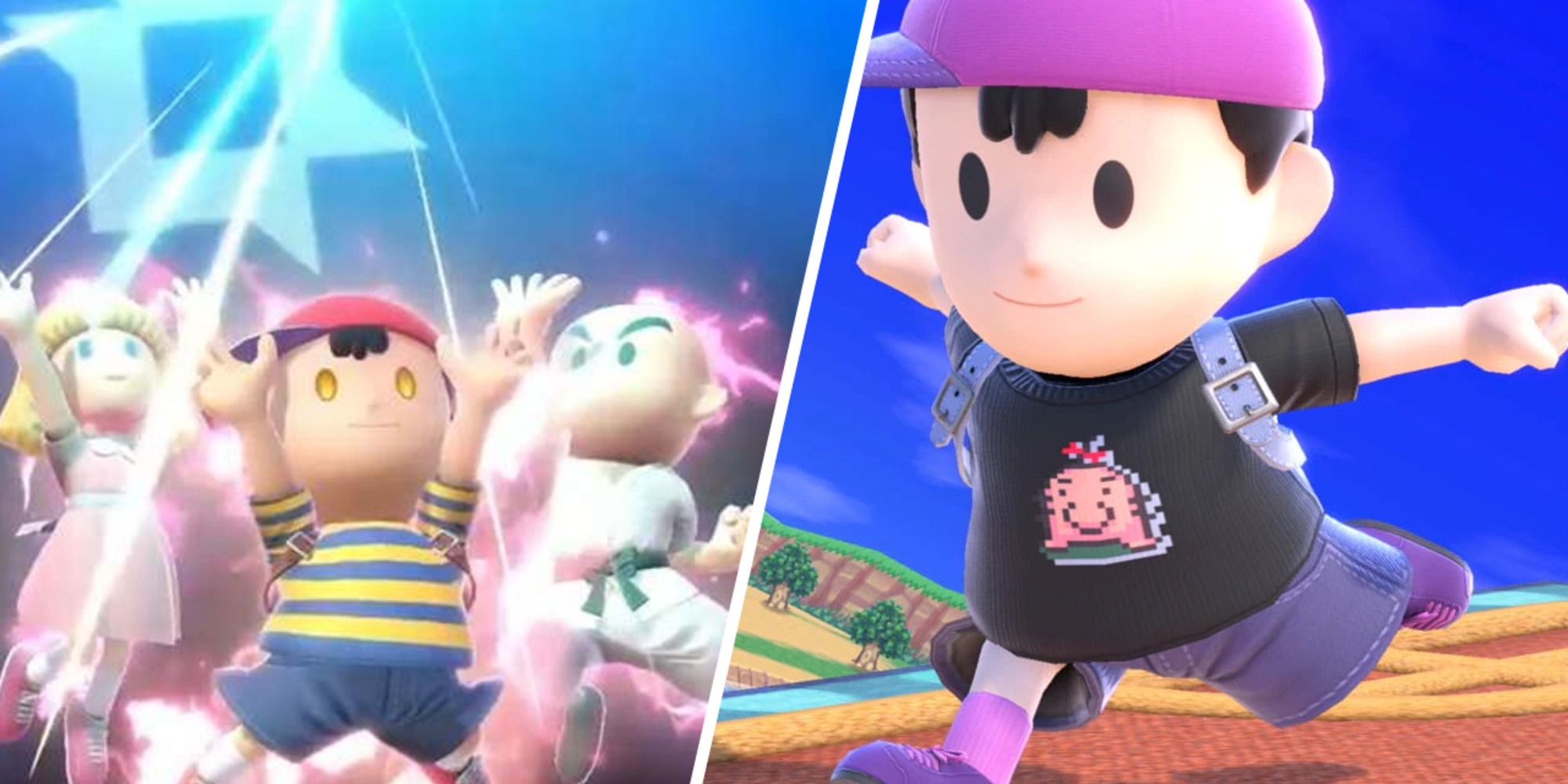 Ness with Paula and Poo in his Final Smash, and him running in Super Smash Bros Ultimate.