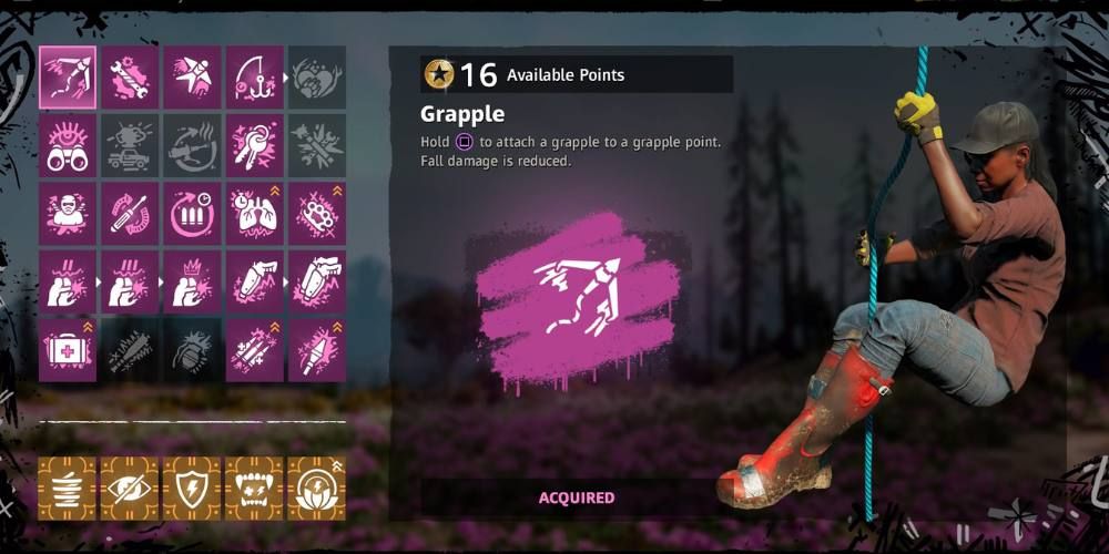 The perks menu will light up in pink, showing each perk you have acquired.Grapple park description with visualization