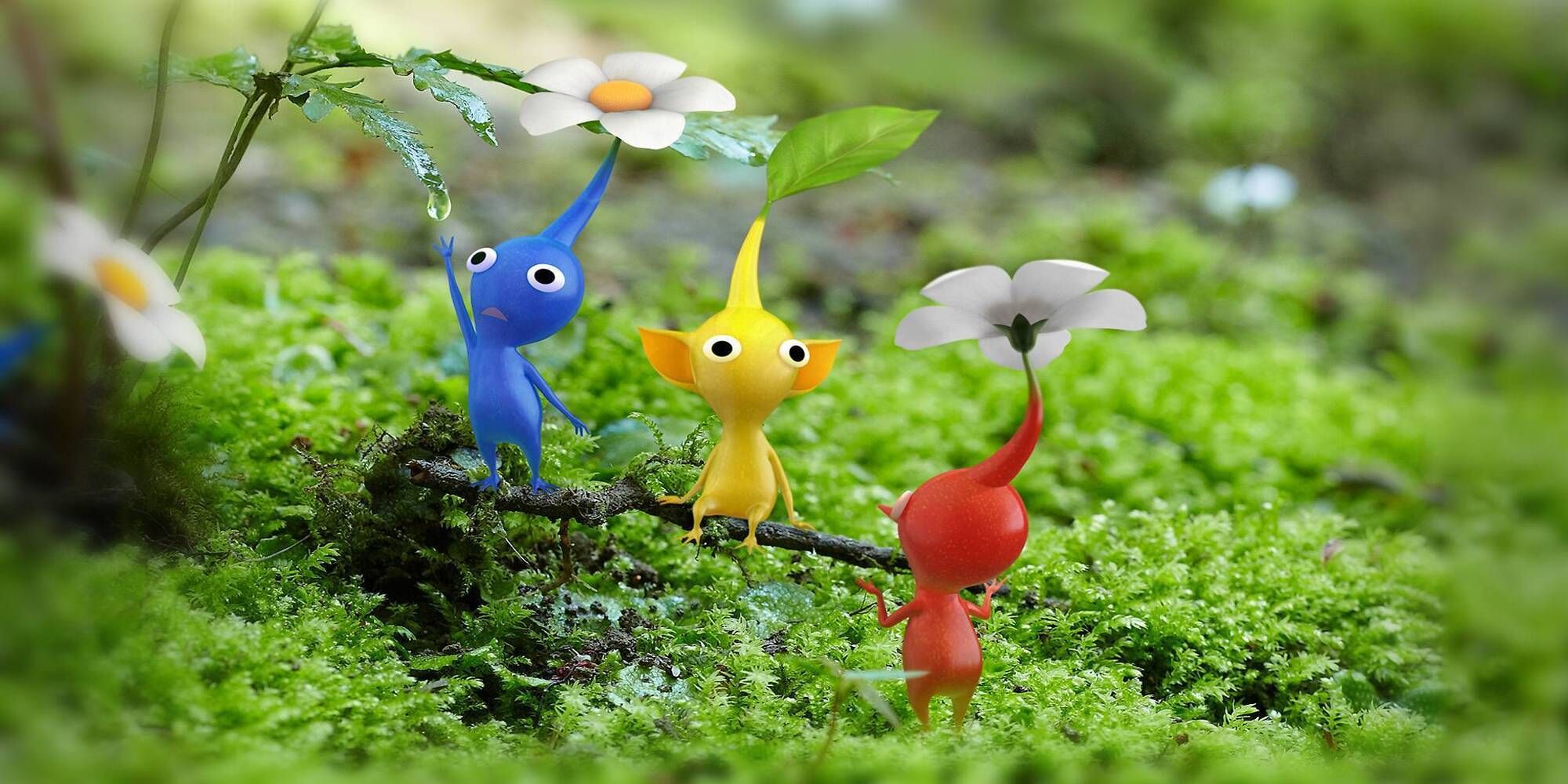 Small blue, yellow, and red plant-like creatures sit on tree branch above mossy ground.