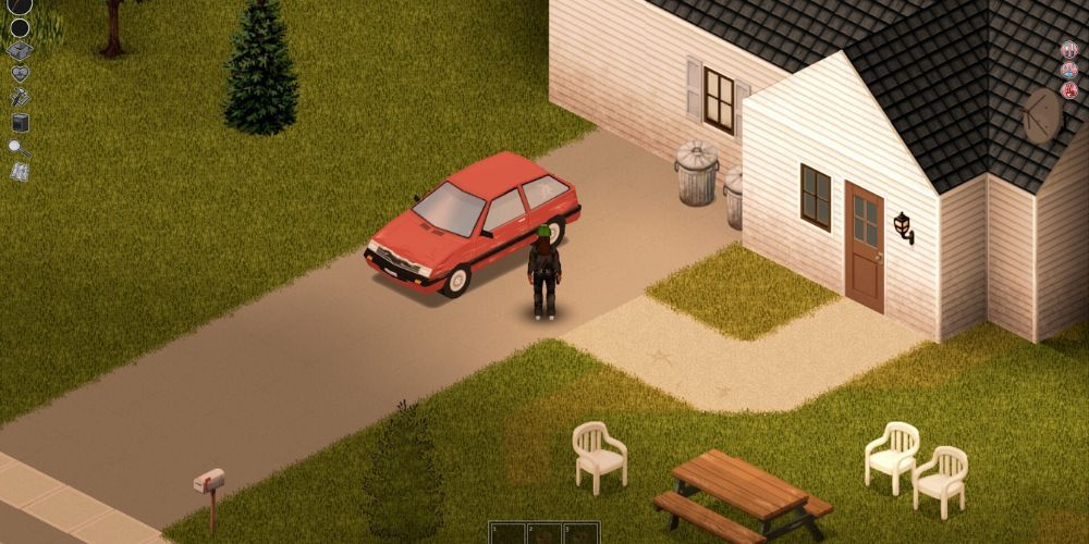 The player standing in a driveway of a small white house. Beside them is a red car.