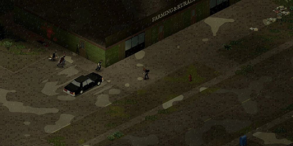 It's rainy and dark as the player runs through an empty parking lot by a store, pursued by zombies