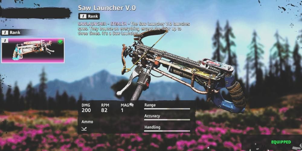 Detailed view of Saw Launcher with stats under horizontal background