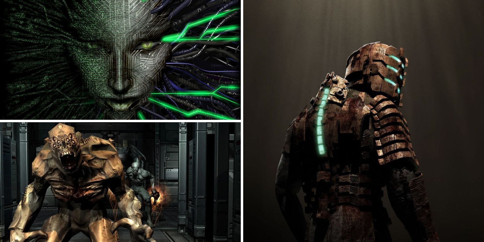 Collage of the Best Sci-Fi Horror Games (Dead Space, System Shock 2, Doom 3)