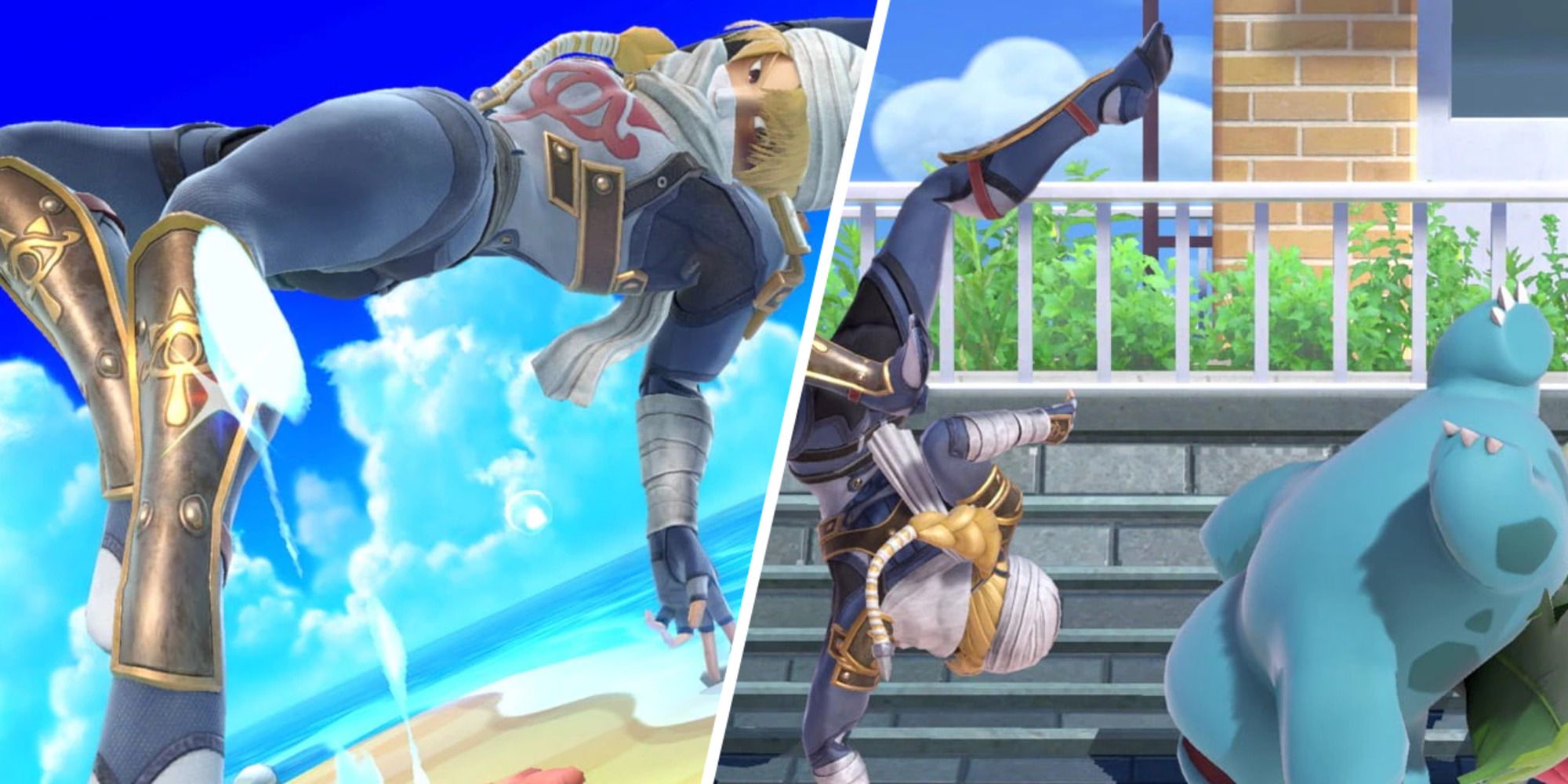 Sheik using her Side-B on the left and one of her taunts on the right along with Ivysaur in Super Smash Bros. Ultimate.