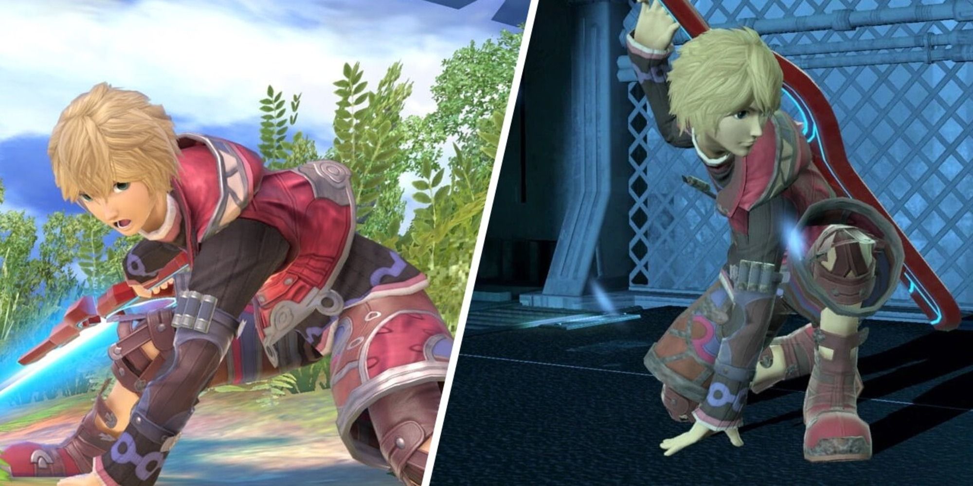 Shulk using his Down-Smash and crouching in Super Smash Bros. Ultimate.