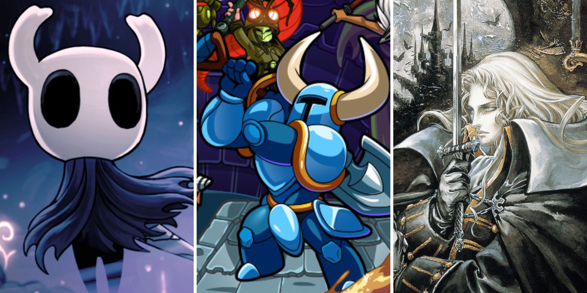 Collage of the Best Side Scrollers (Hollow Knight, Shovel Knight, Castlevania: Symphony of the Knight)