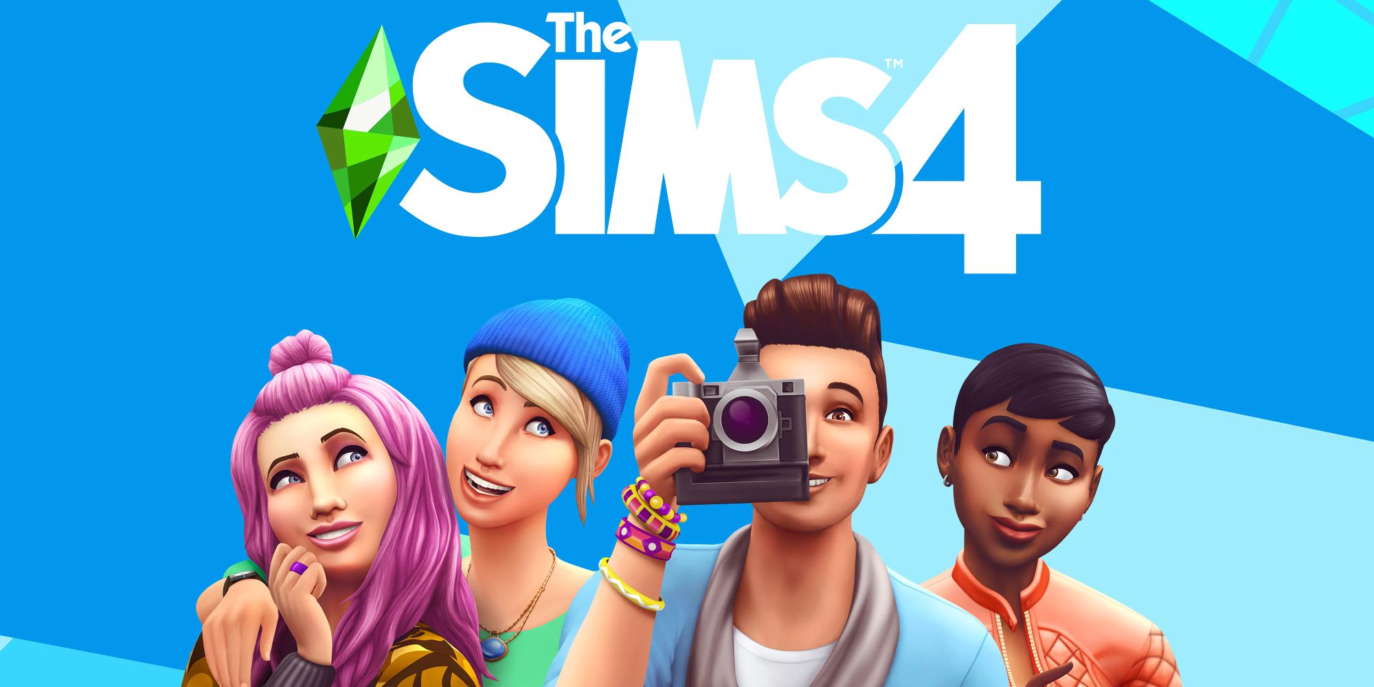 A collection of sims in front of the Sims 4 logo