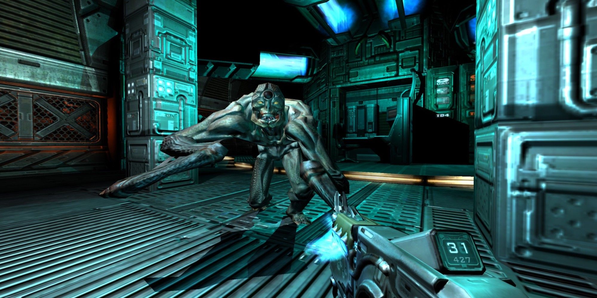 Player about to shoot an enemy (Doom 3)
