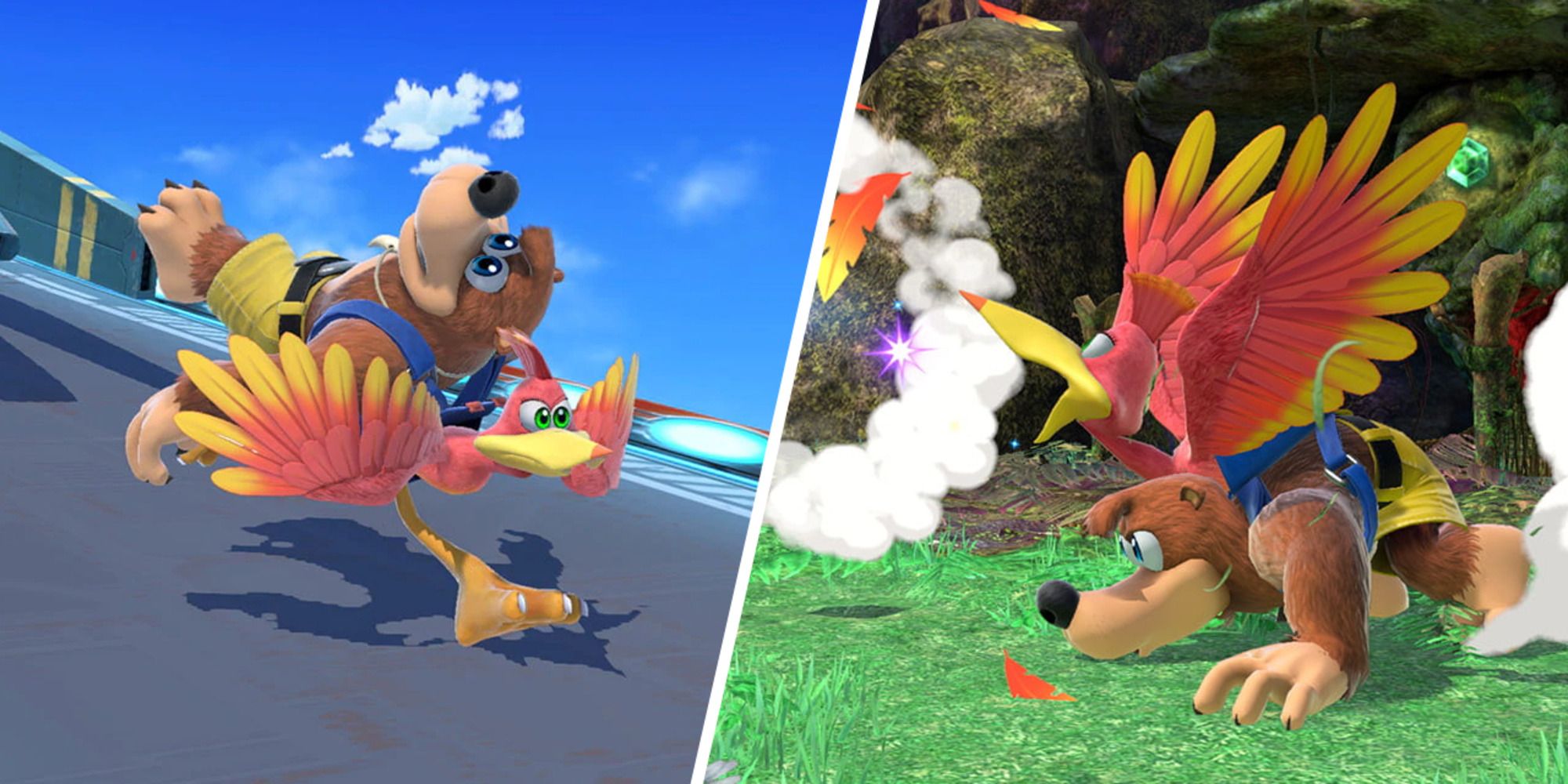 Banjo & Kazooie running on the left and using their Neutral-B on the right in Super Smash Bros. Ultimate.