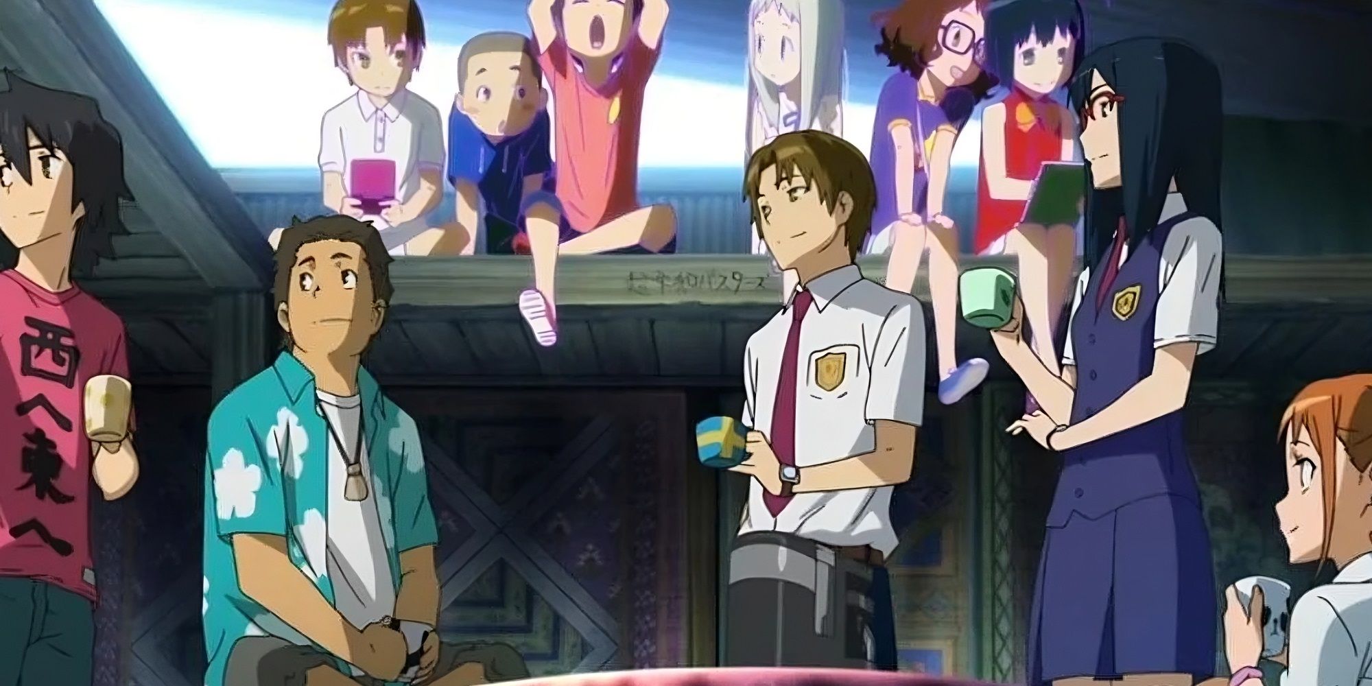 Menma, Jintan, Poppo, Anaru, Yukiatsu, and Tsuruko in their secret base