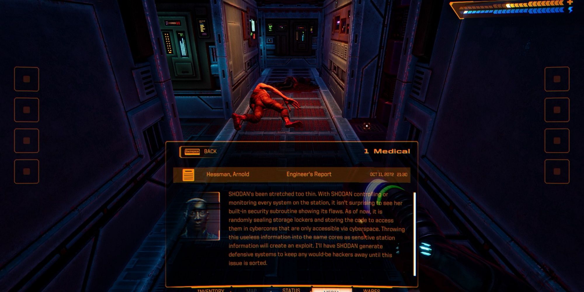 System Shock Remake text log and dead mutant