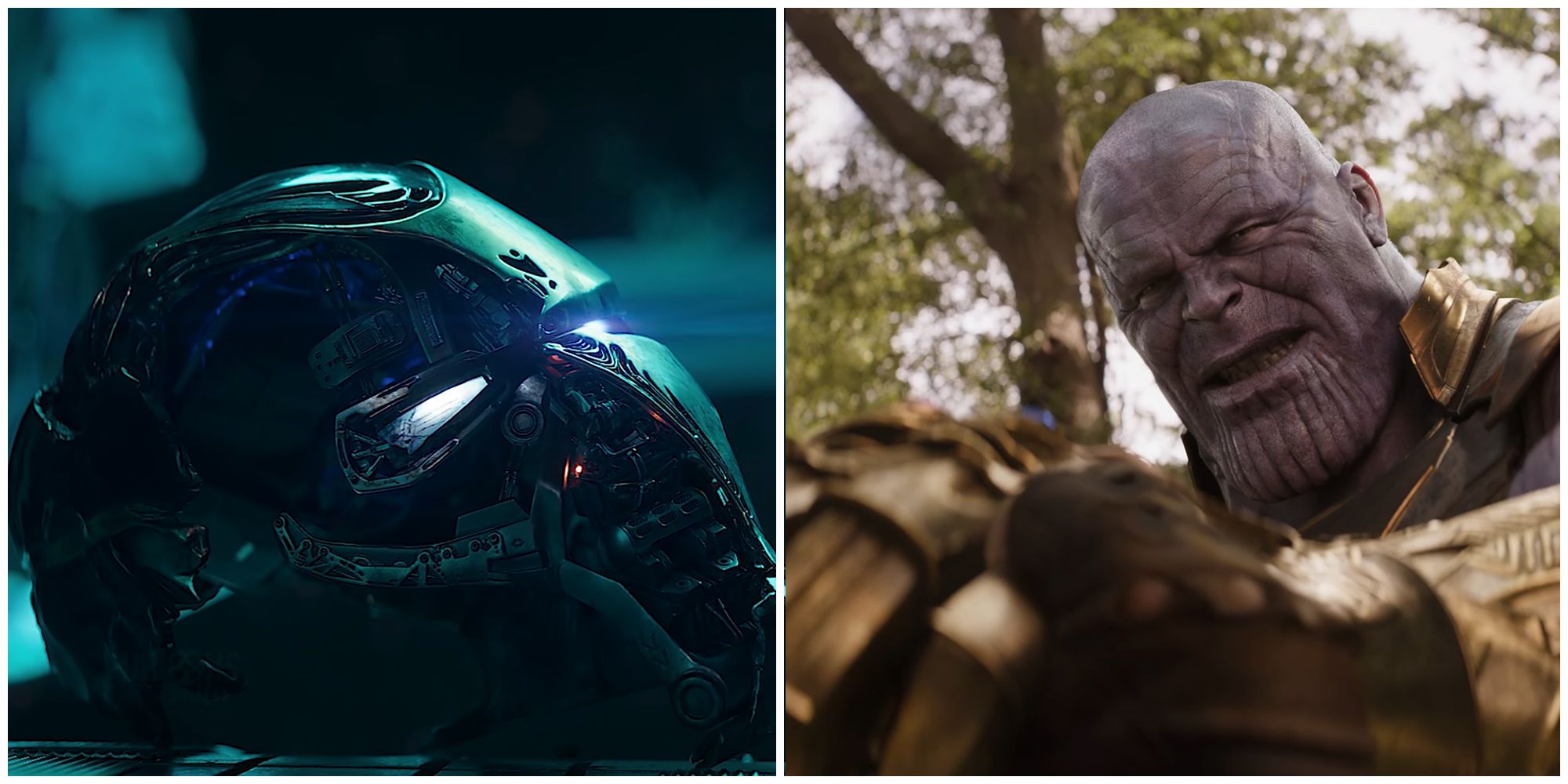 Split image Iron Man's helmet and Thanos in wooded area 