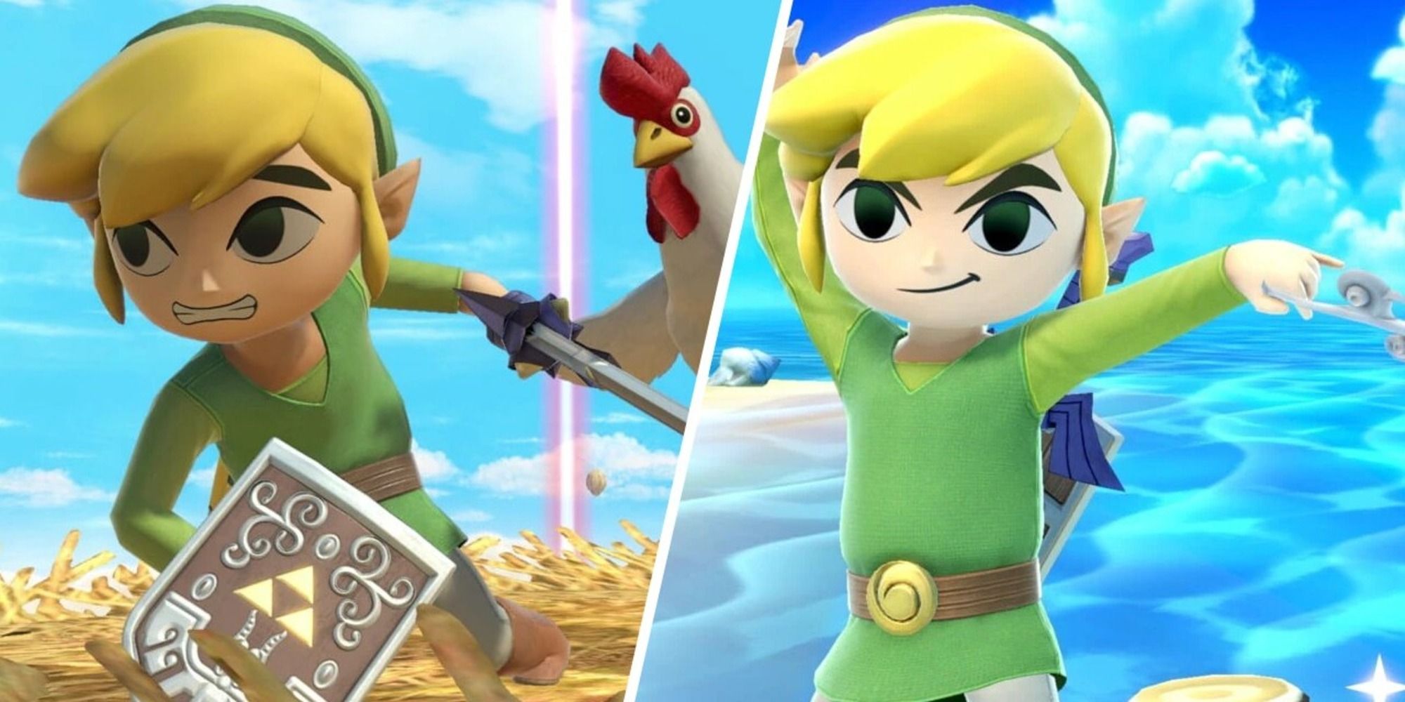 Toon Link with a Cucco and using one of his taunts in Super Smash Bros. Ultimate.
