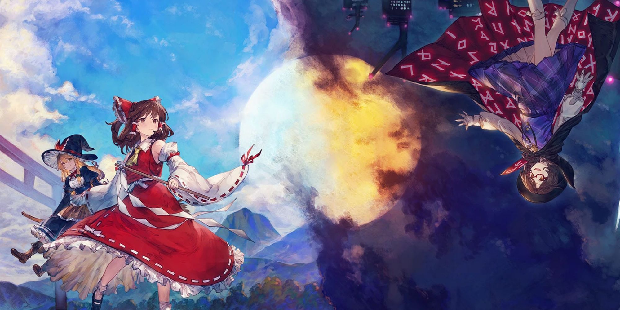 Reimu Hakurei, Marisa, and Touch of Touhou Shinsekai Longing For An Alternative World gaze at each other across two worlds.