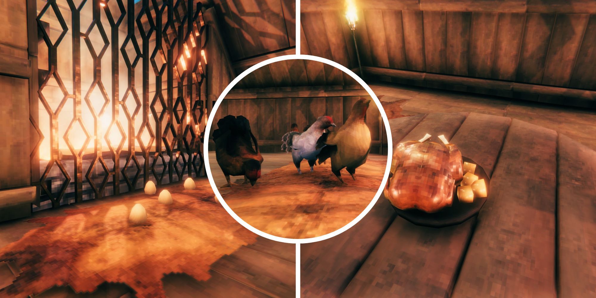 Eggs sit in front of a fire while Hens wander and a Honey Glazed Chicken sits on a table.