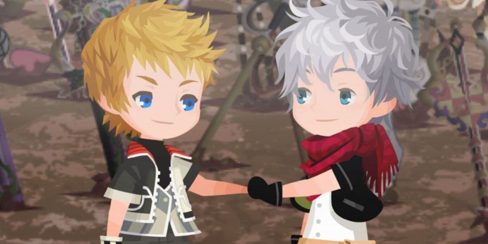 Ventus and Ephemer shake hands and smile at each other in the Keyblade War battlefield