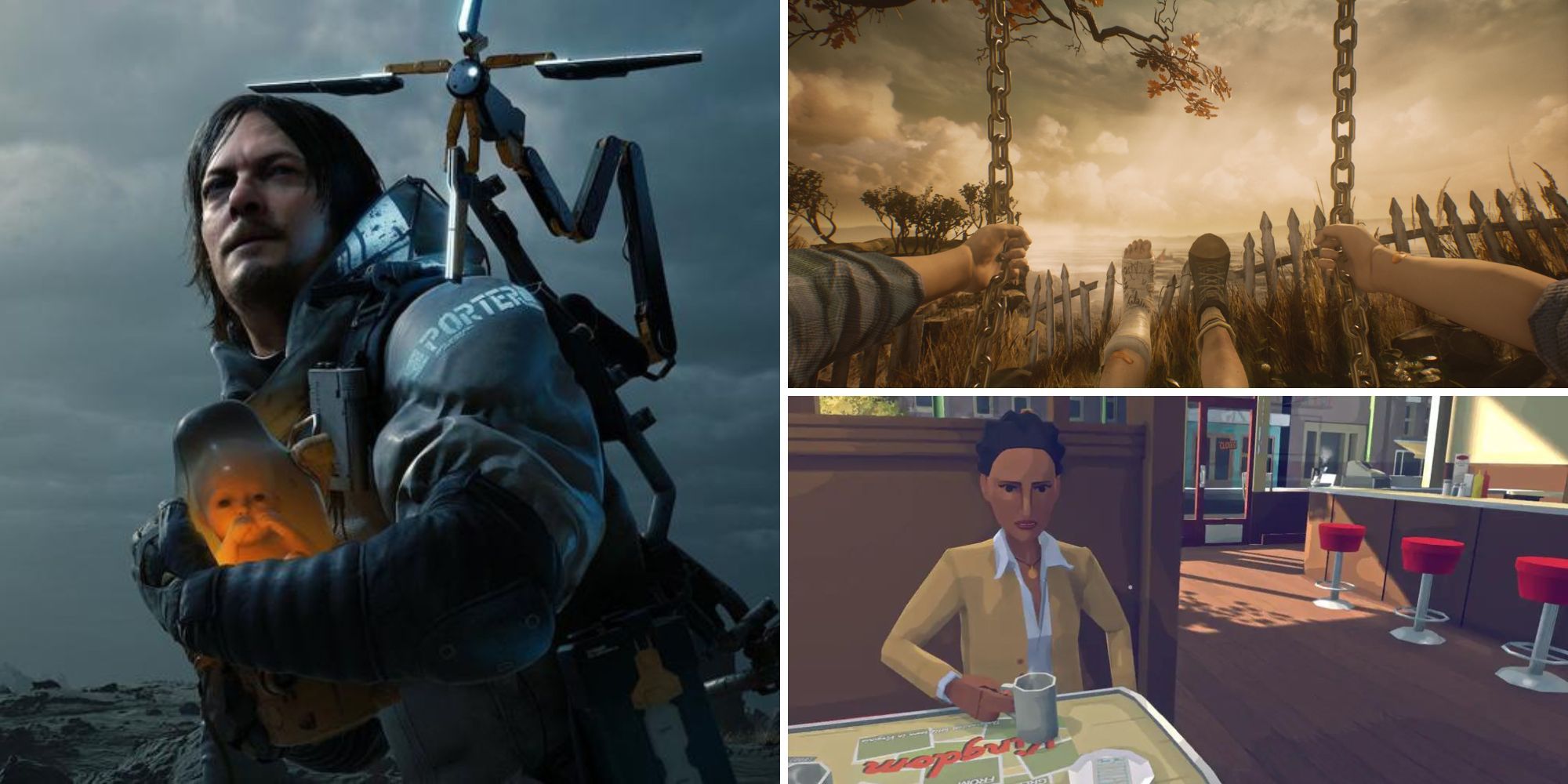 Collage of the Best Walking Sims (Death Stranding, Virginia, What Remains of Edith Finch)