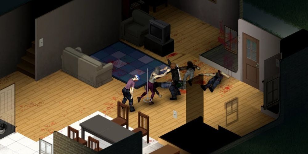 A player fights off zombies with a rolling pin inside a house, having killed three already
