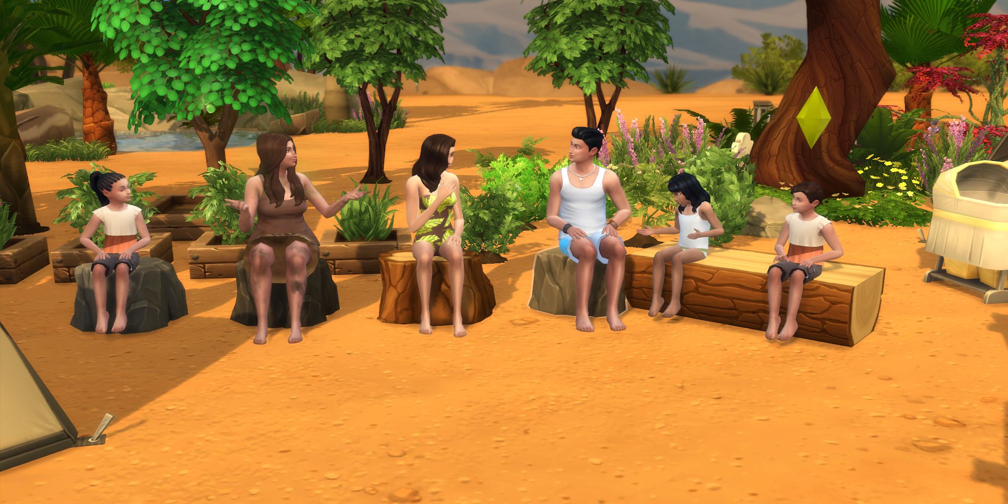 Pre-historic Sims all gathered around (The Sims 4)