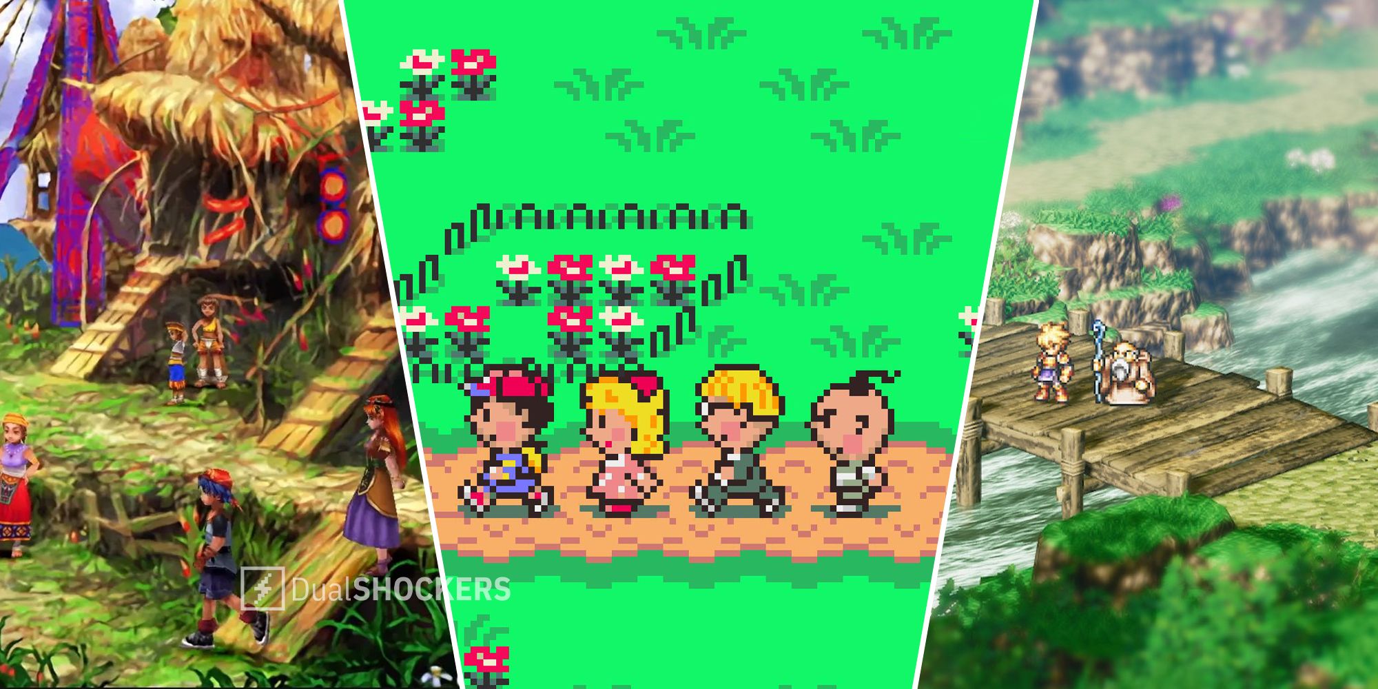 Split image of Chrono Cross, Earthbound, and Live A Live gameplay