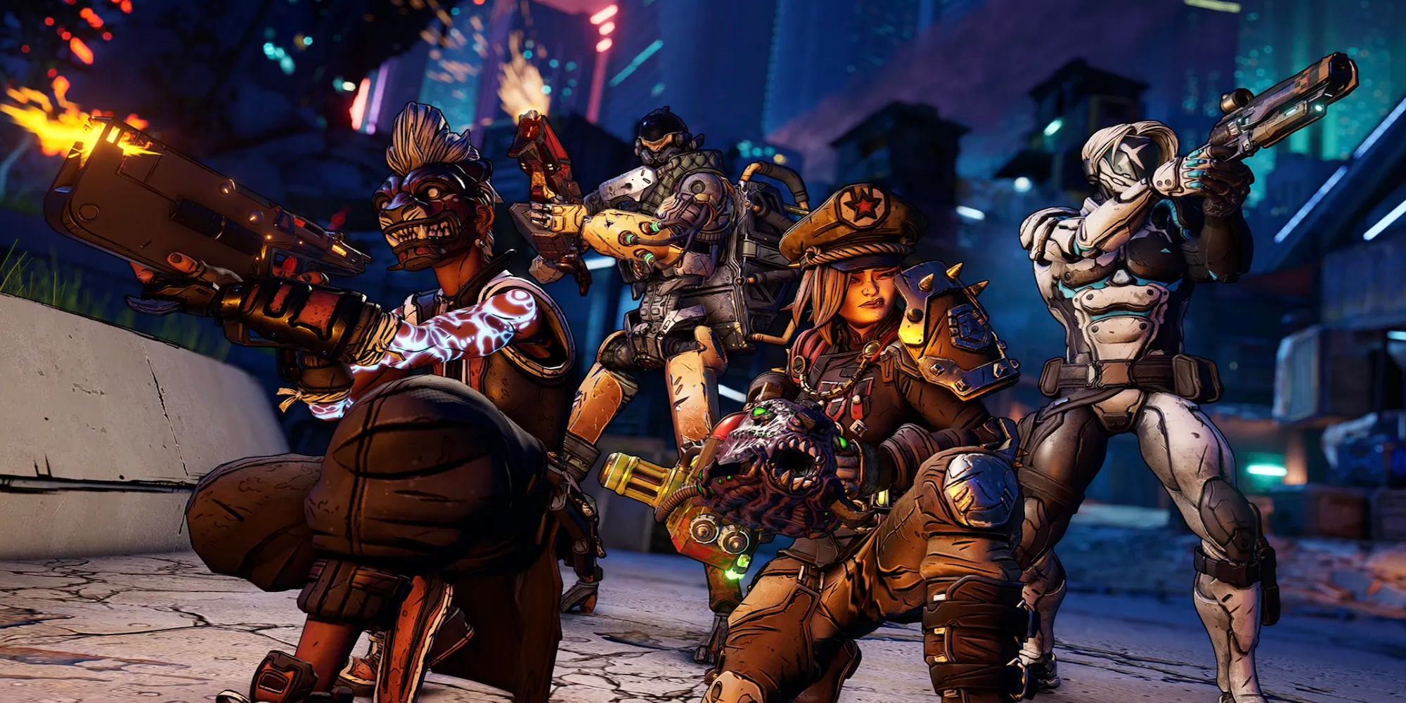 Characters, grouped together, holding various weapons (Borderlands 3)