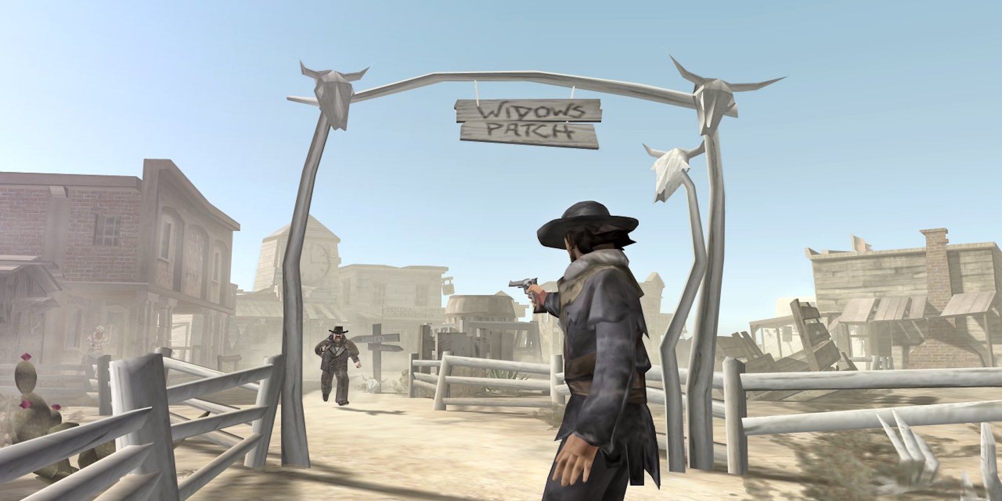 Protagonist holding a gun to an enemy (Red Dead Revolver)