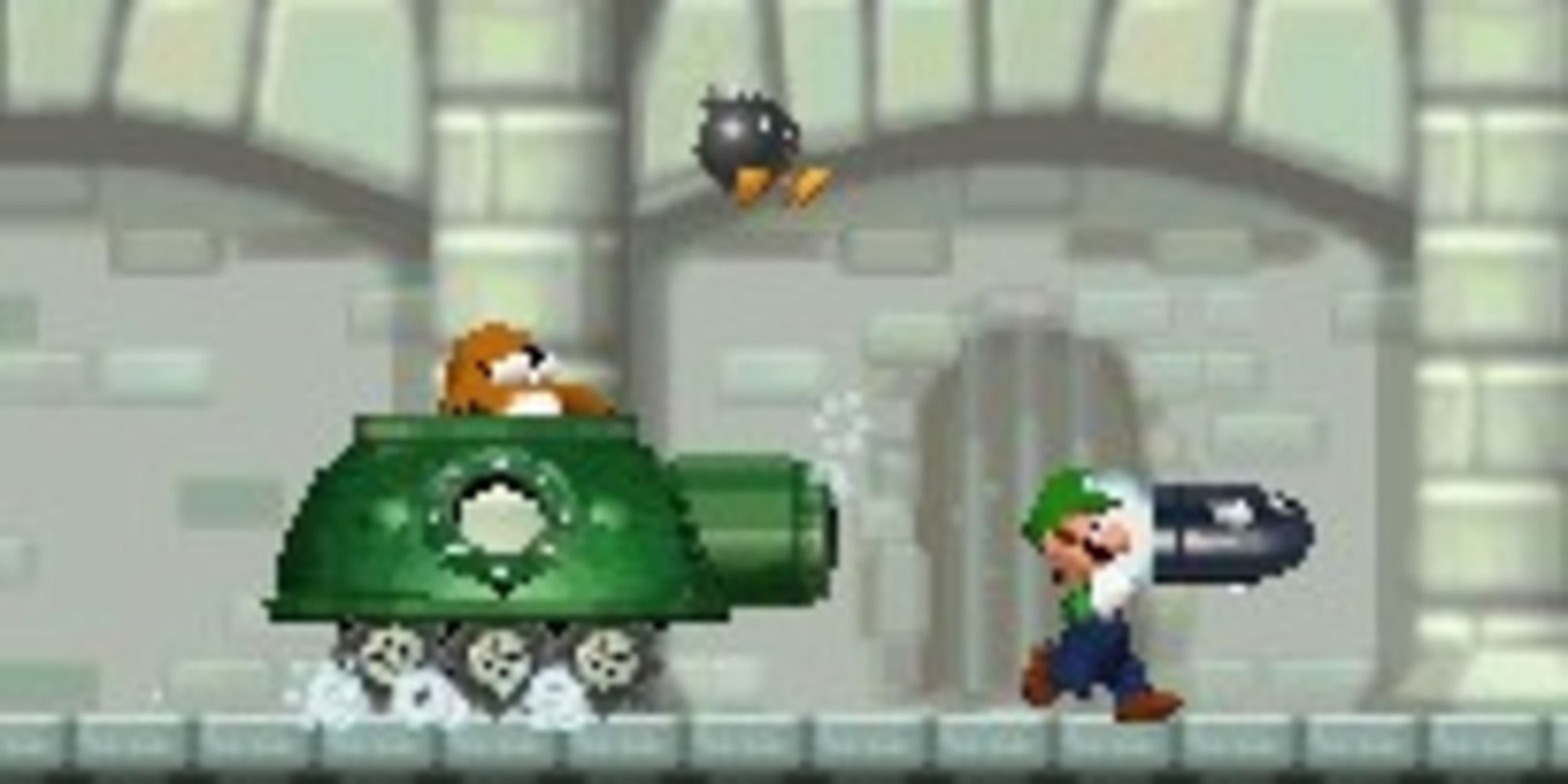 New Super Mario Bros DS Luigi running away from a Monty mole in tank bullet bill bobomb