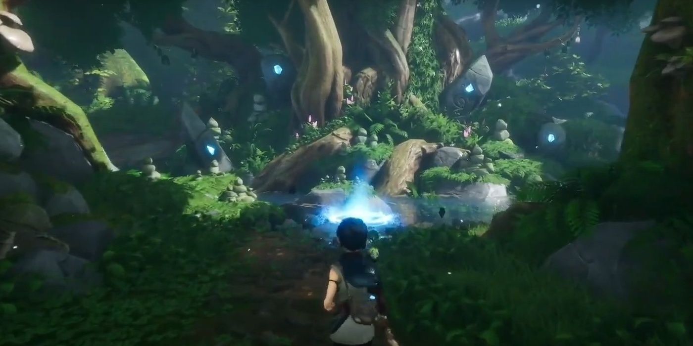 The character in Kena Bridge Of Spirits is showing the 2nd meditation spot in the Forgotten Forest.