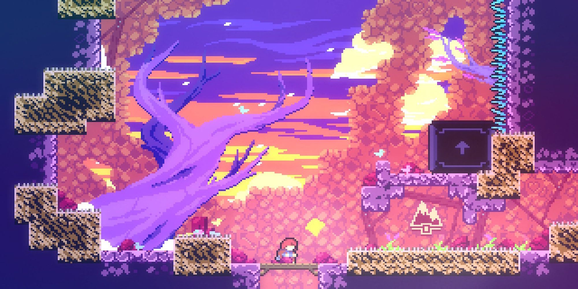 Madeline standing in a pink forest (Celeste)