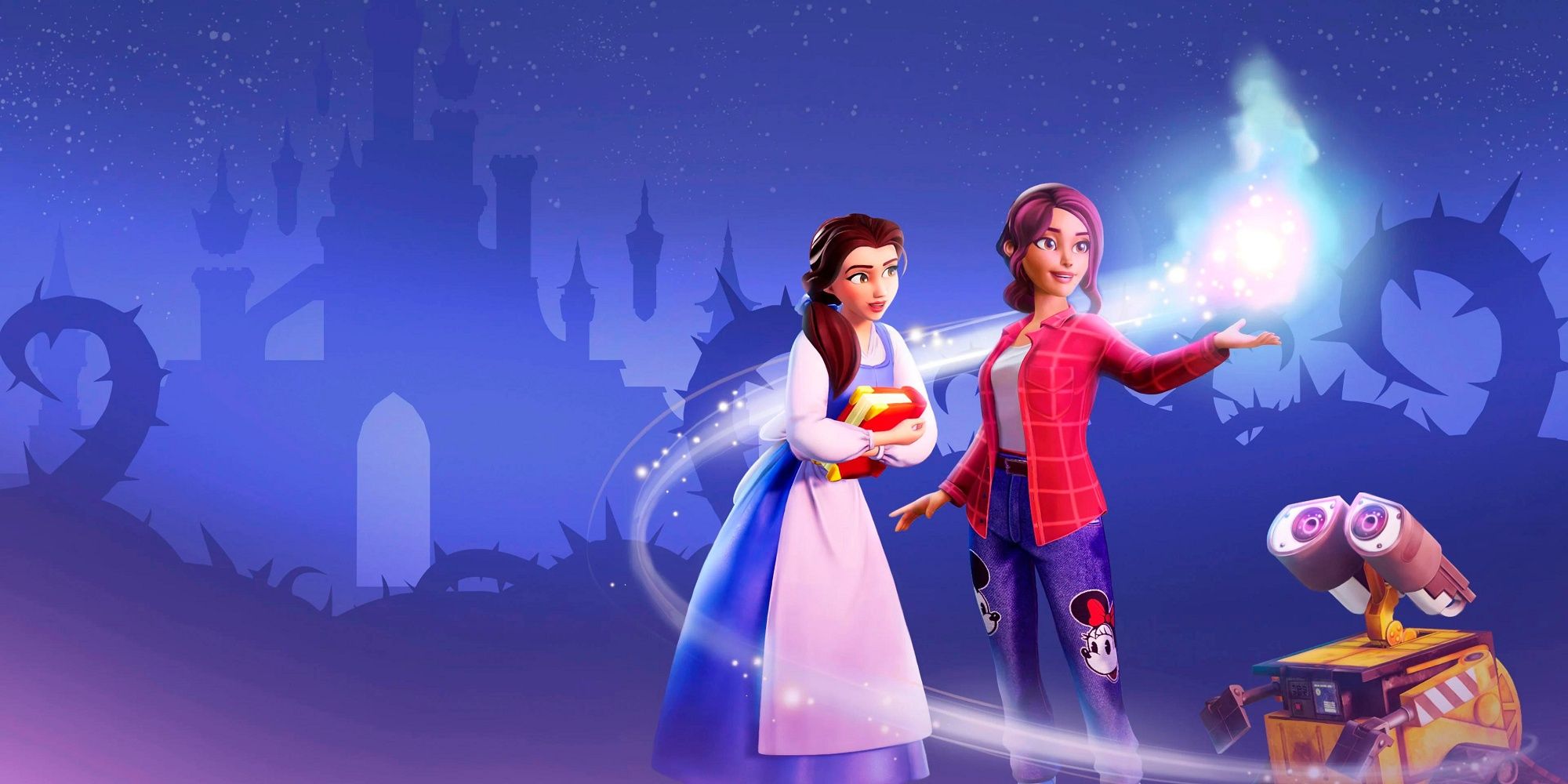 Disney Dreamlight Valley promotional art featuring Belle, the player, and Wall-E