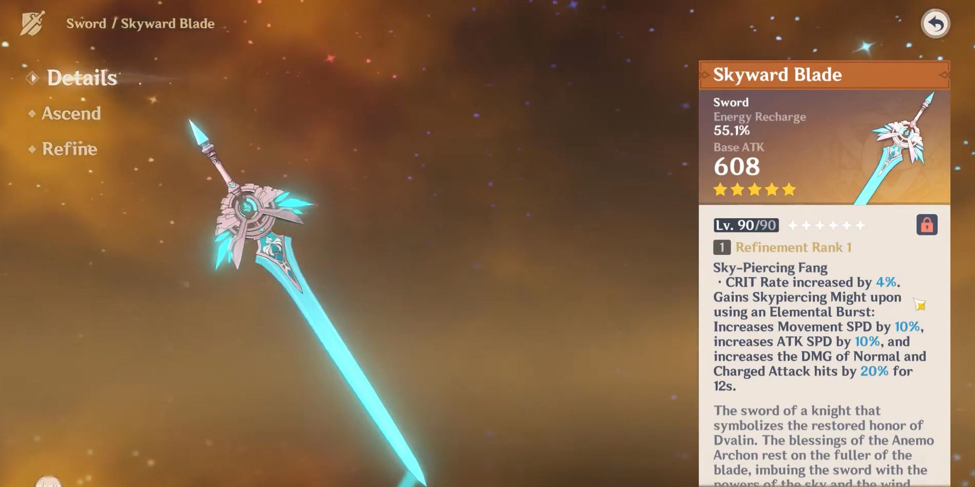 An image of the Skyward Blade weapon and its stats in Genshin Impact.