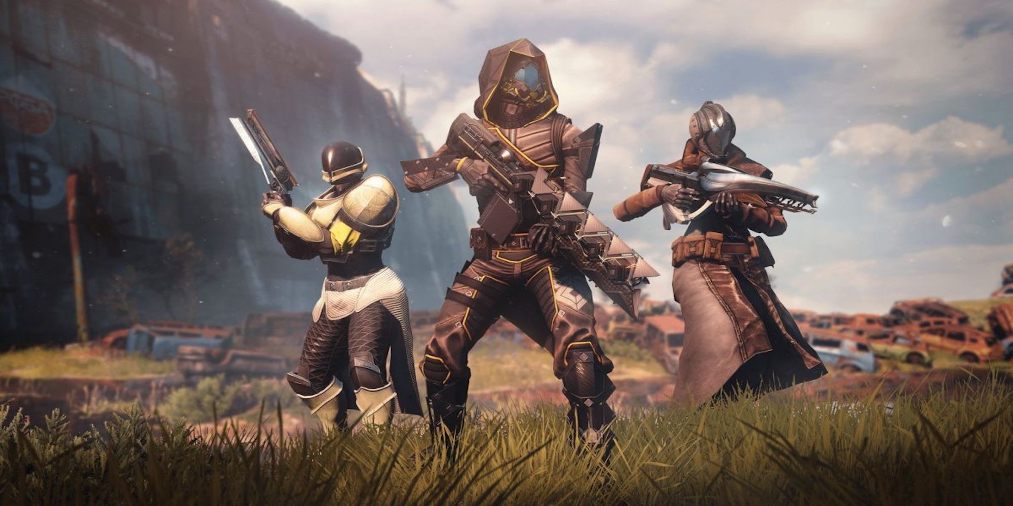 Characters standing in a field, grouped together (Destiny 2)